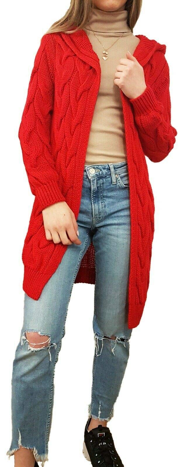Crazy Girls Girls Red Crazy Womens Chunky Knit Long Cardigan, Sm (Uk 8-10)