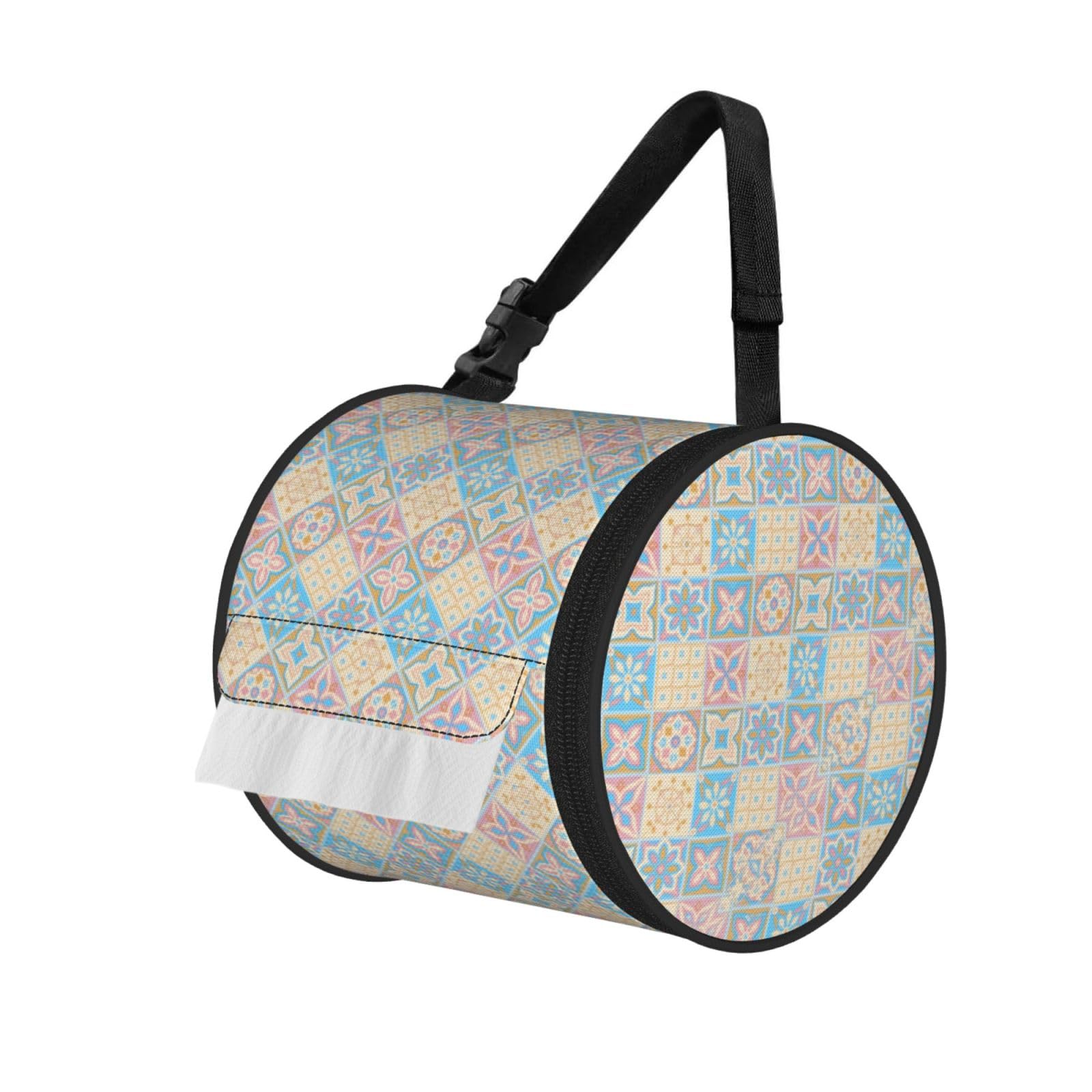Lisbon Tiles Print Round Tissue Dispenser Bag With Carry Strap, Portable Roll Holder For Car Travel Home