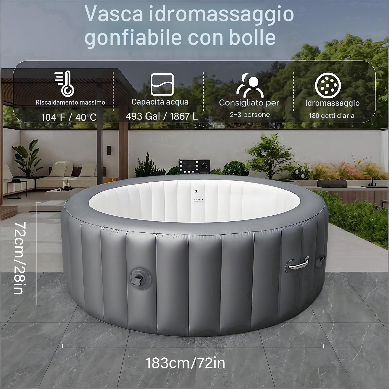 Spa Gonfiabile di Lusso per 2-6 Persone, Vasca Idromassaggio Portatile da Esterno con Riscaldamento Rapido, Massaggio a 180 Bolle, Facile da Montare per il Relax in Giardino e in Terrazza S