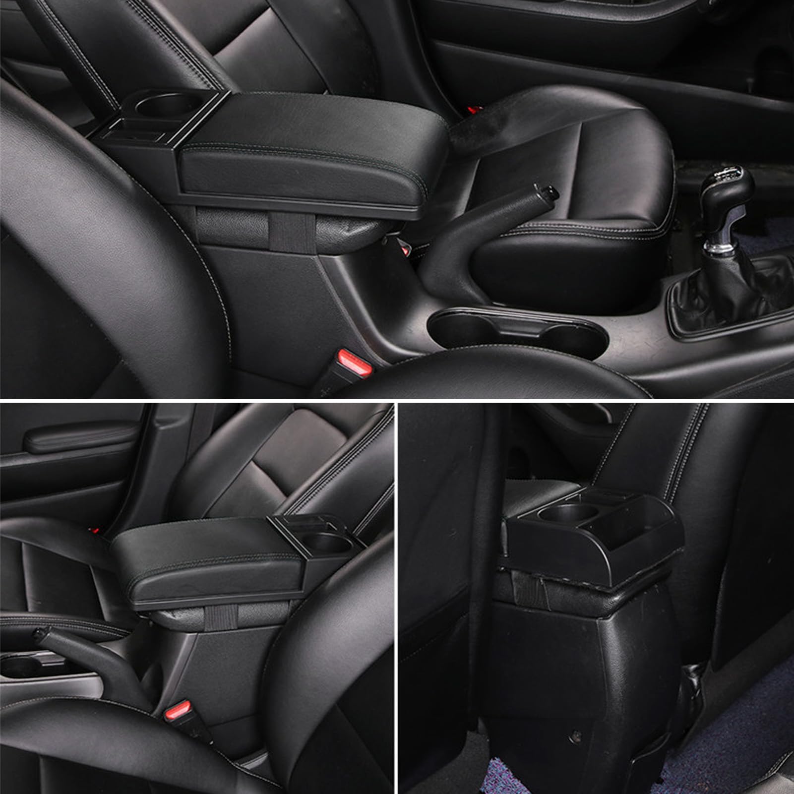 Copri Bracciolo Console Centrale con Porta di Ricarica USB, Portabicchieri, Lunghezza Regolabile, Morbida Pelle PU, Imbottitura in Memory Foam per Auto SUV Camion Furgone (Nera)
