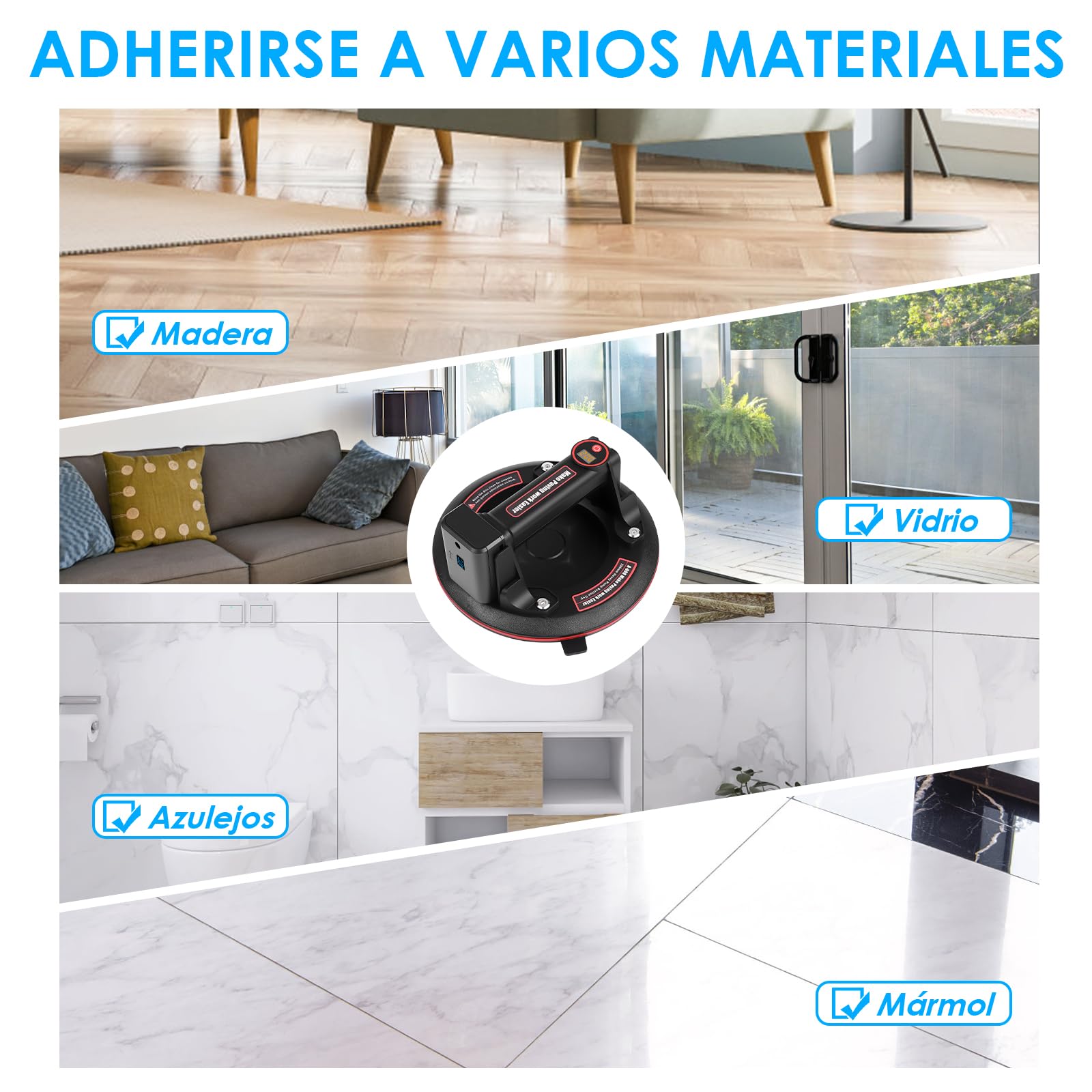 Ventosas para Cristal con 3000mAh Batería, 8" Ventosa Capacidad de Carga Máxima 200 kg, Recargable, Ventosa Cristal Eléctrico con Caja de Transporte para Vidrio, Azulejos, Mármol