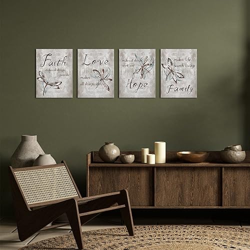 Miniatura 3 de iKNOW FOTO 4 piezas de pintura de insectos, libélula en lienzo, impresiones artísticas de pared con frase de fe, amor, esperanza, cita familiar,