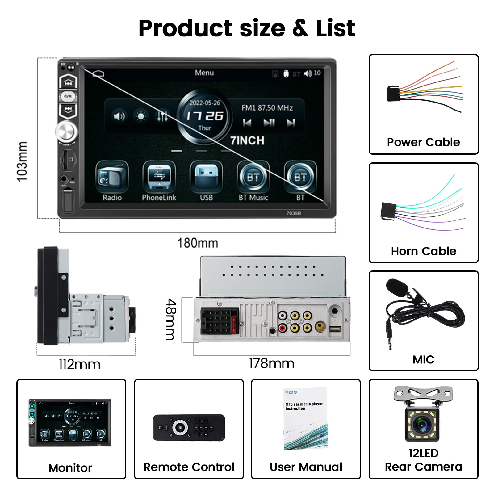 Hikity 1 Din Autoradio Wired Carplay Android Auto Bluetooth, Écran Tactile 7 Pouces Poste Radio Voiture Bluetooth Mains Libres Stéréo Lien Miroir FM EQ USB/AUX/TF SWC + Mic Externe + Caméra de Recul