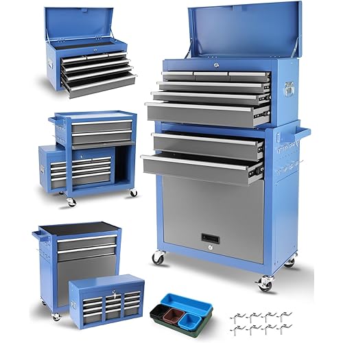 Tool Chest with 8 Drawers, 2-in-1 Mobile Steel Tool Cabinet Storage with Wheels & Lock, Tool Chest Organizer for Garage, Workshop, Home Crafts Use