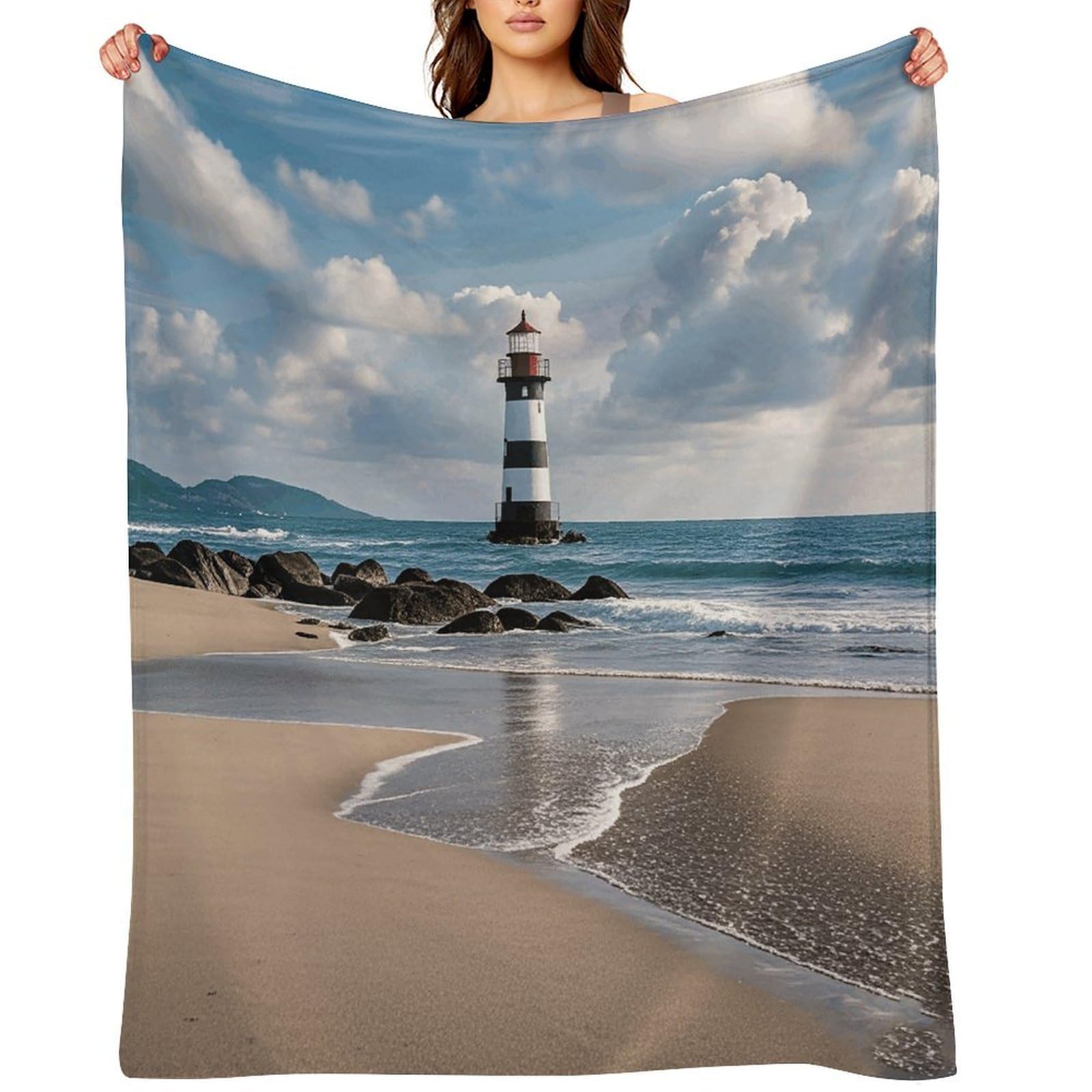 Sea Lighthouse Sandbeach Throw Blanket for Couch and Bed Super Soft Warm Lightweight Throw Blankets Cozy Fuzzy Flannel Blanket Personalized Decorative Blankets for Sofa Decor 60"x80"