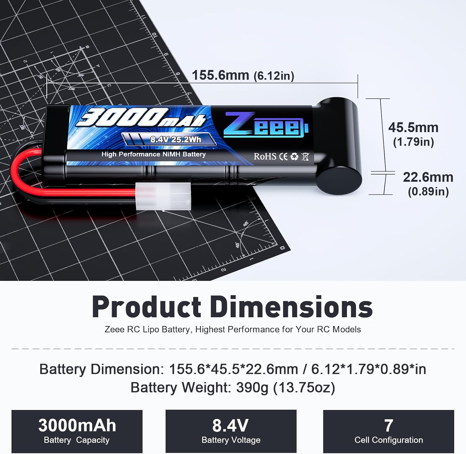 Zeee 8.4V 3000mAh NiMH Battery High Power RC Battery with Tamiya Plug for RC Car LOSI Associated HPI Tamiya Kyosho(2 Pack)