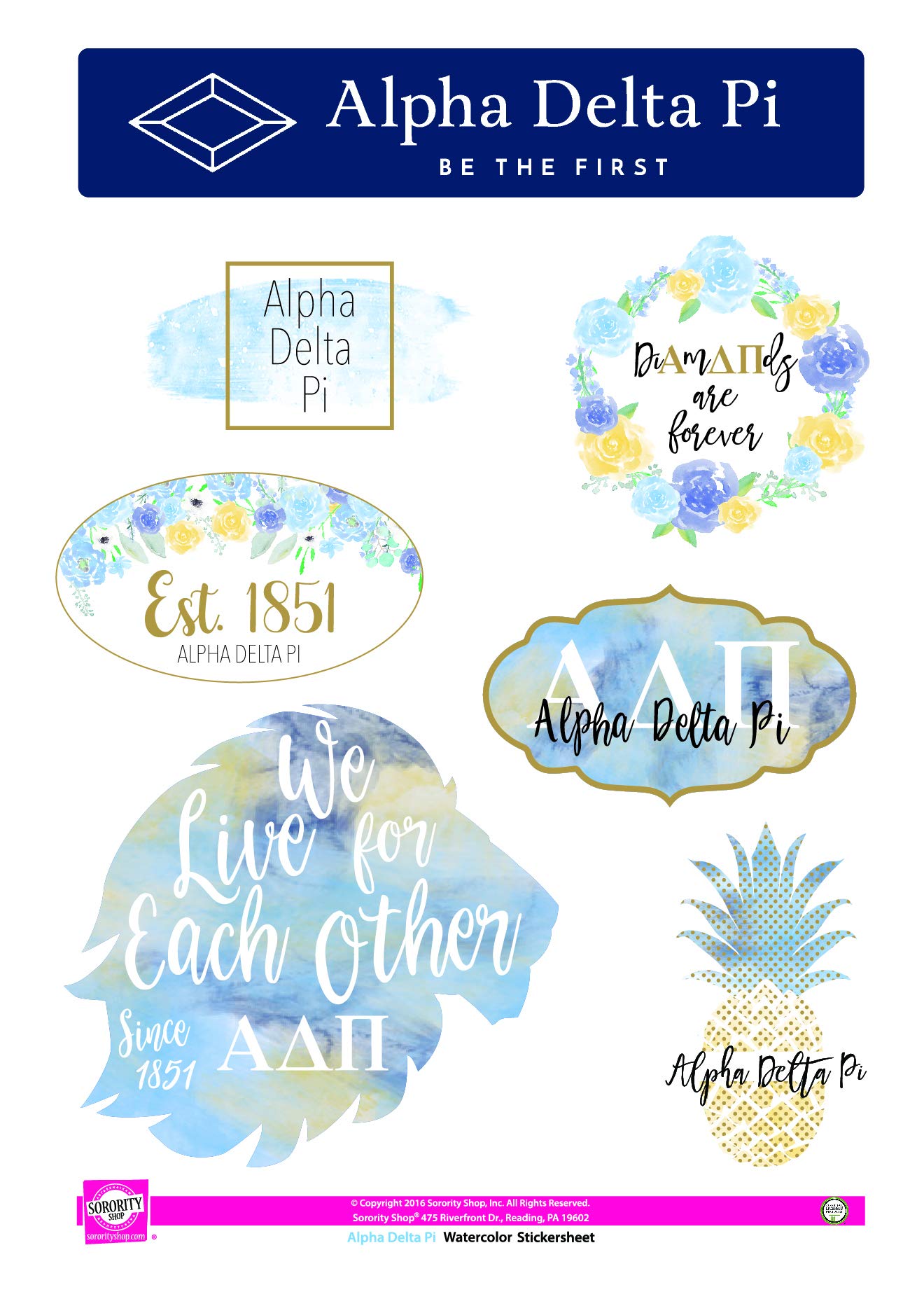 Alpha Delta Pi Feuille d'autocollants aquarelle pour papeterie
