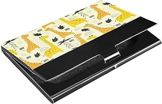 Yellow Cartoon Giraffes Rainbow Waterdrops Black Palm Tree Leaves Business Card Holder Leather, Slim Credit Card Case Stainless Steel Wallet for Women and Men Unisex Business Card Holder