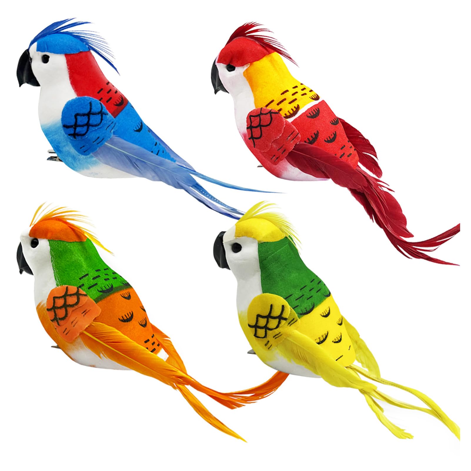 LWINGFLYER 4pcs Clip on Parrot Ornaments Parakeet 6.6inch Artificial Simulation Foam Feather Bird for Christmas Tree Decoration Home Garden Wedding Party Accessories