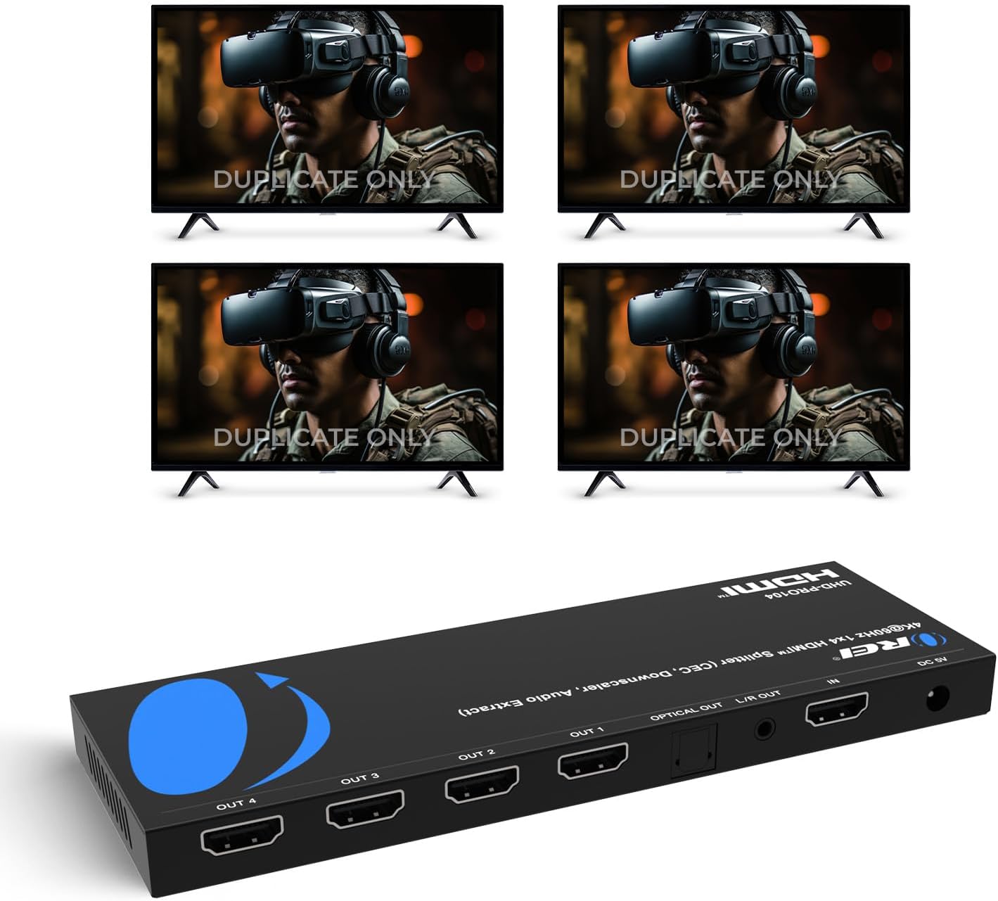 OREI 1x4 HDMI Splitter 4K 60Hz with Audio Extractor – HDMI 2.0b Splitter 1 in 4 Out with 4K to 1080p Downscaling, HDR10+, Dolby Vision, HDCP 2.3, Optical & 3.5mm Audio Out | OREI 1x4 HDMI Splitter 4K@60Hz & Audio Extractor With Downscaling, HDR10+, Dolby Vision, HDCP 2.3, Optical & 3.5mm Audio Out