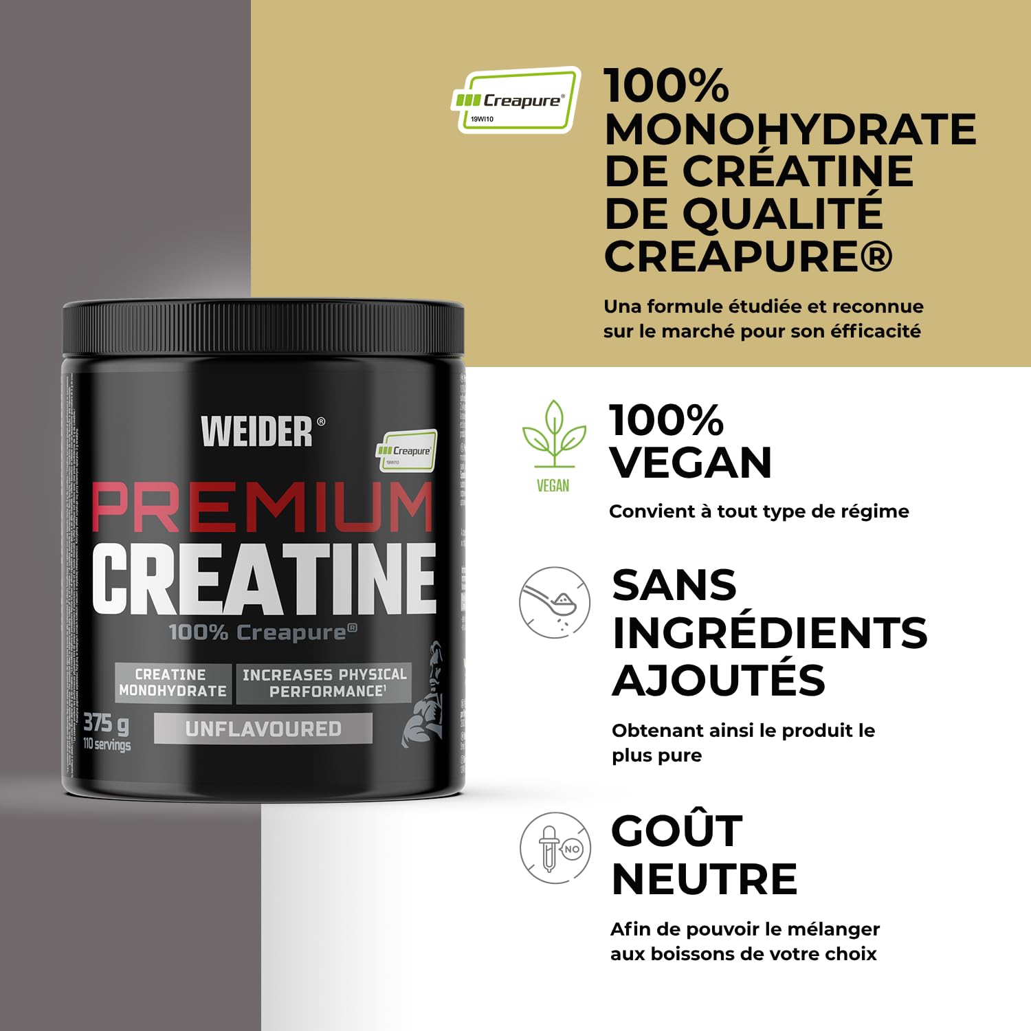 Weider Premium Creatine (375g) Goût Neutre. 100% Monohydrate de Créatine Creapure, Sans Sucre, Vegan, Augmente la Performance Physique (110 portions)