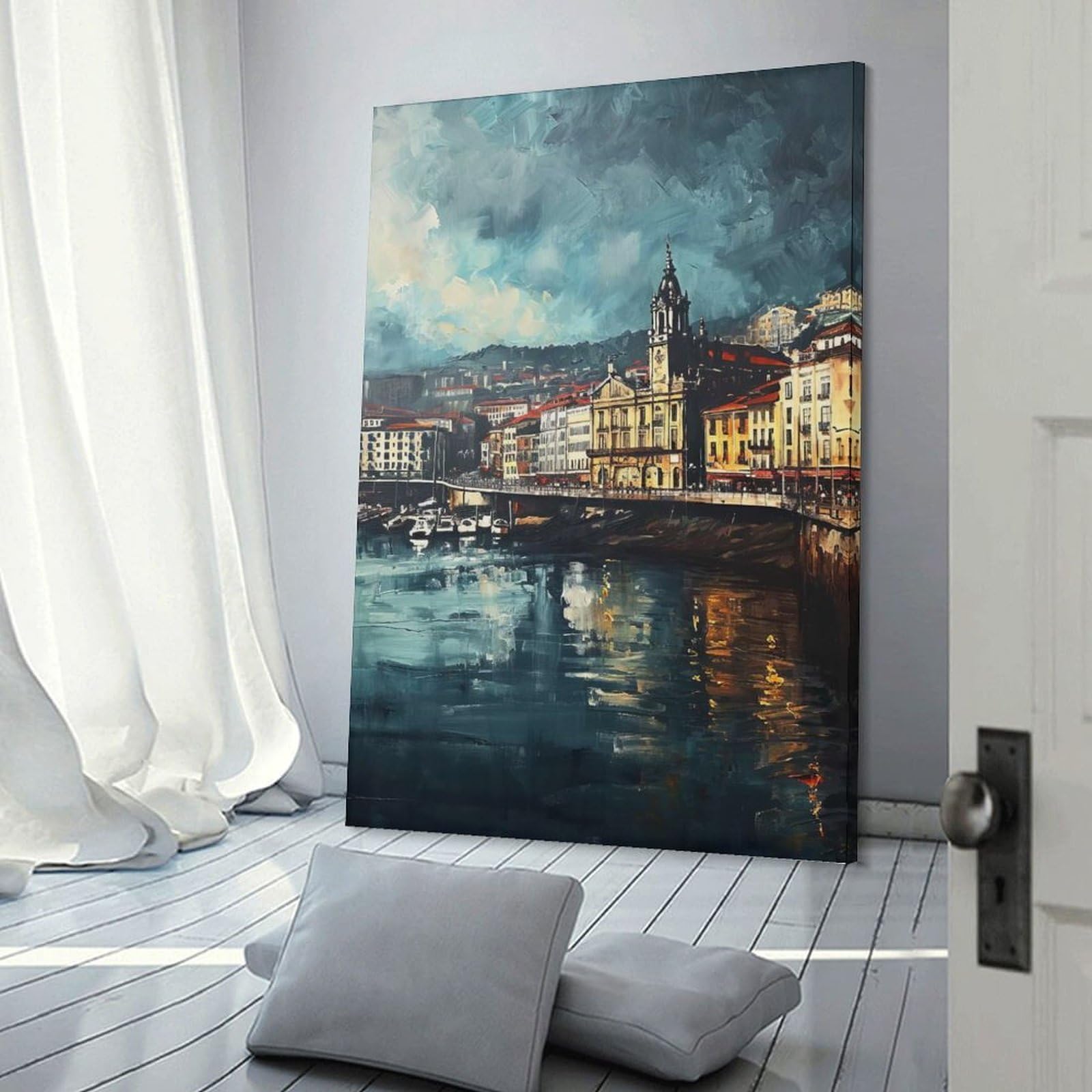 Junmoney Frame-Style-3 Cityscape Painting With River Reflection Canvas Wall Art 24X36inch(60X90cm), For Office Decor, Home Working Or Creative Rooms, Wall Art That Adds Style To Work Areas