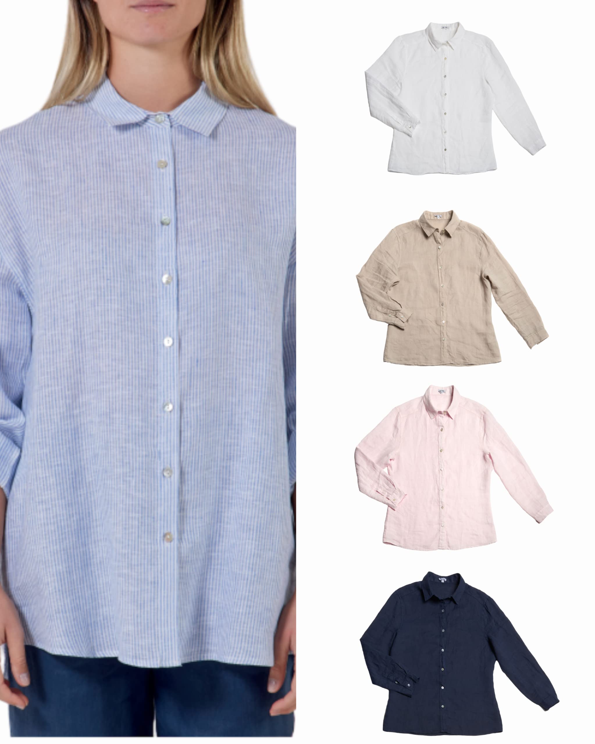 Camicia da Donna in Puro Lino, Elegante Bottoni Davanti, Collo Classico, dalla S alla XXL, in Cinque Fantasie o Tinta Unita, Bianca, Beige, Rosa, Blu, A Righe