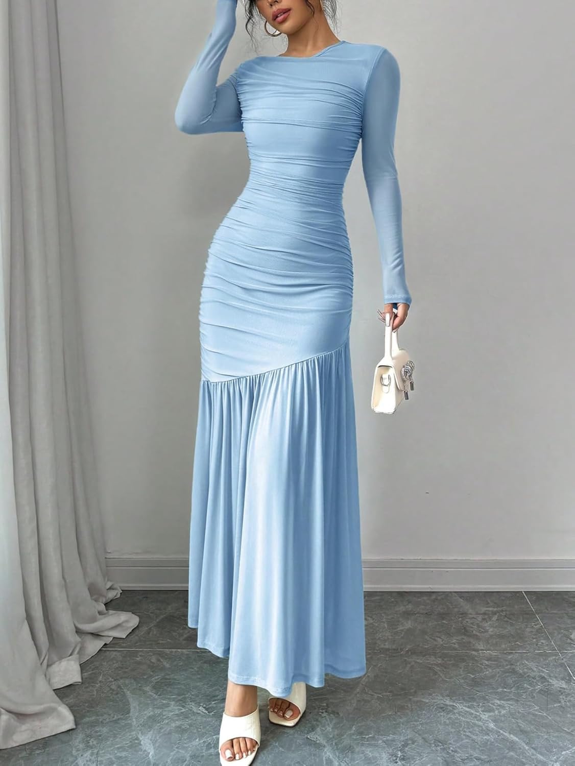 LIGHT DOT Women's Formal Bodycon Maxi Dress Long Sleeve Mesh Ruched Cocktail Prom Dress