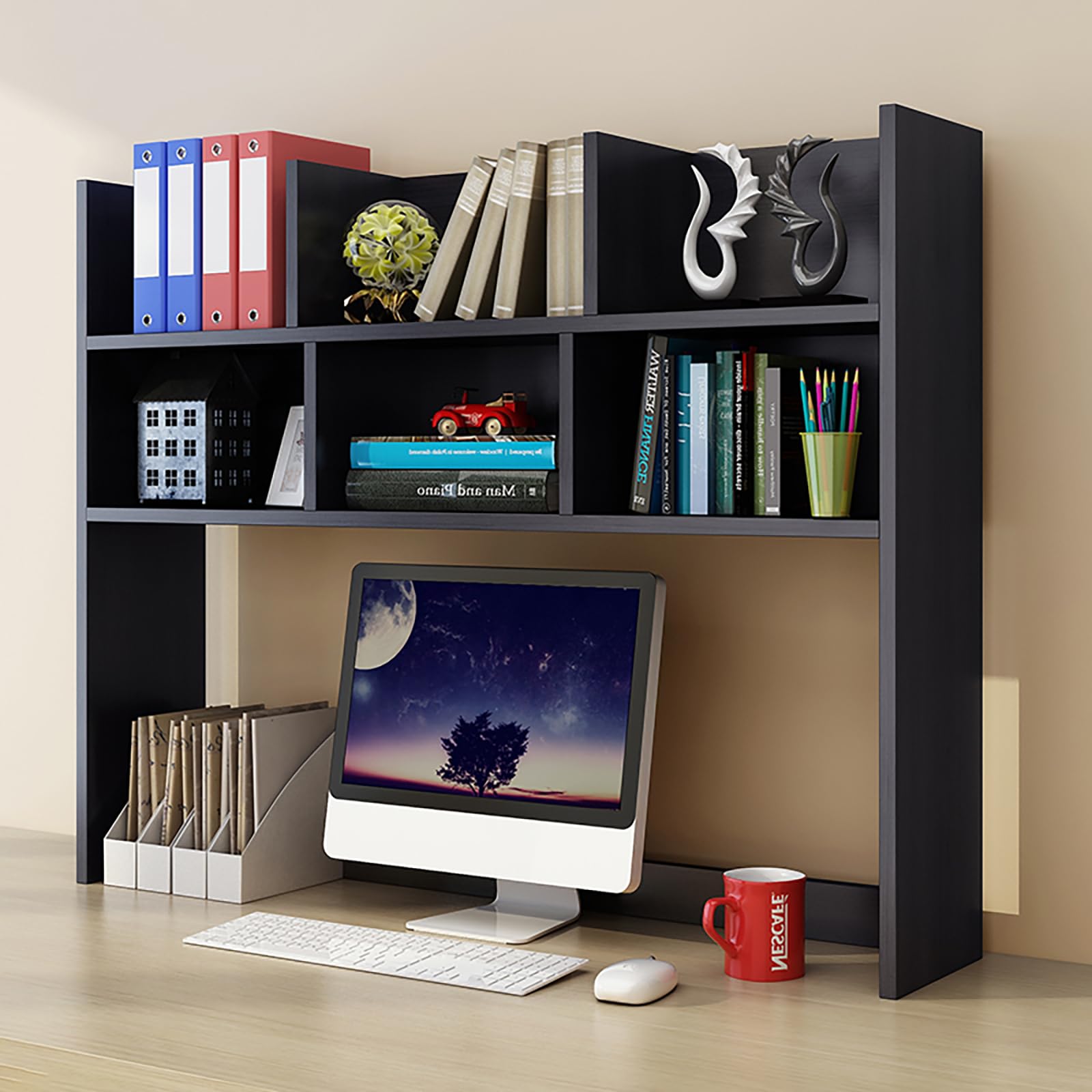 MESCXTY Wooden Desktop Bookshelf, Countertop Hutch Comupter Desk Organizer with Shelves, Freestanding Bookcase for Home Office Dorm Room(27.6'', Black)