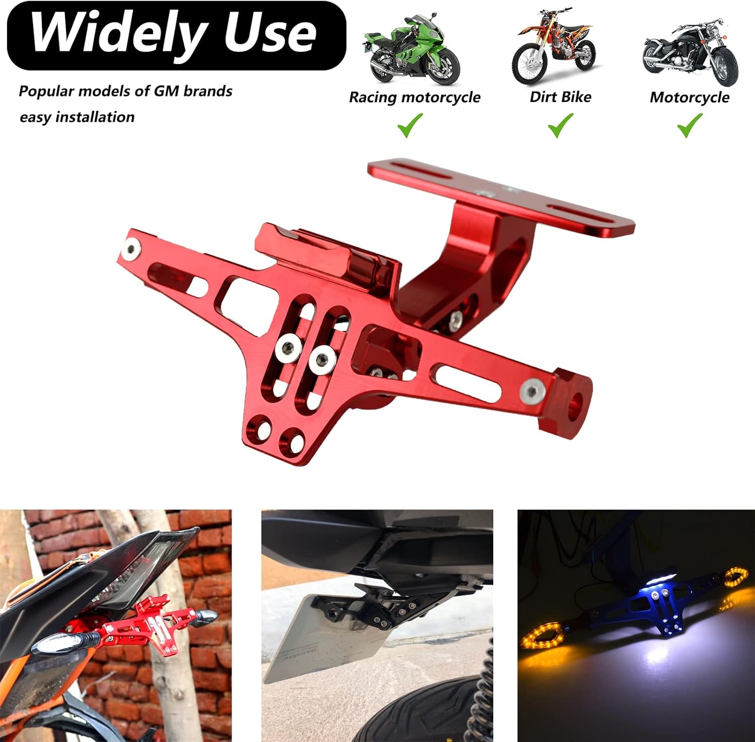 LKV Universal Motorcycle License Plate Bracket with LED Light Fender Eliminator Kit,CNC Aluminum Motorcycle License Plate Holder Mount