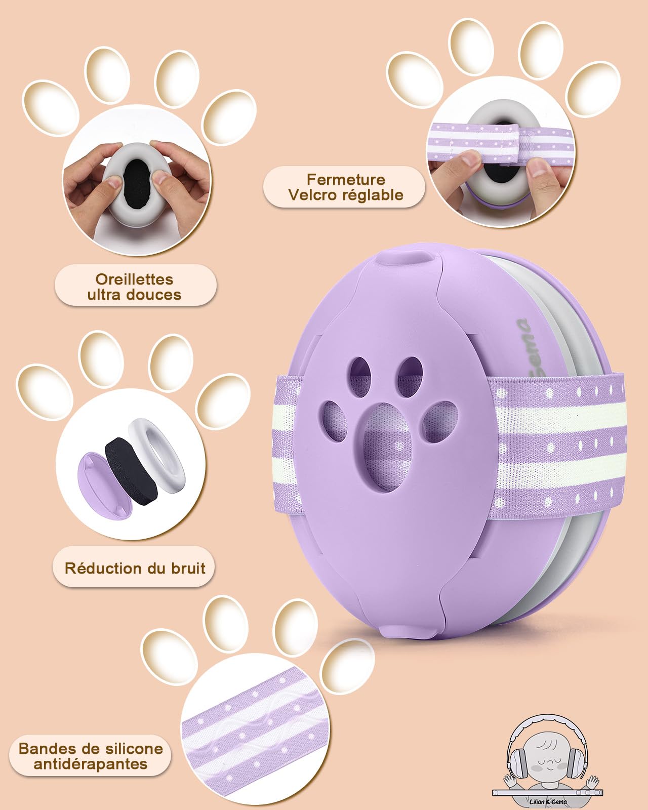 Lilian&Gema 2 in 1 Casco Anti Rumore Neonato, Casco Bambino Anti Rumore, Confortevole e Regolabile, Protezione Uditiva per Bambini sotto i 48 Mesi, Adatto per Sonno e Attività