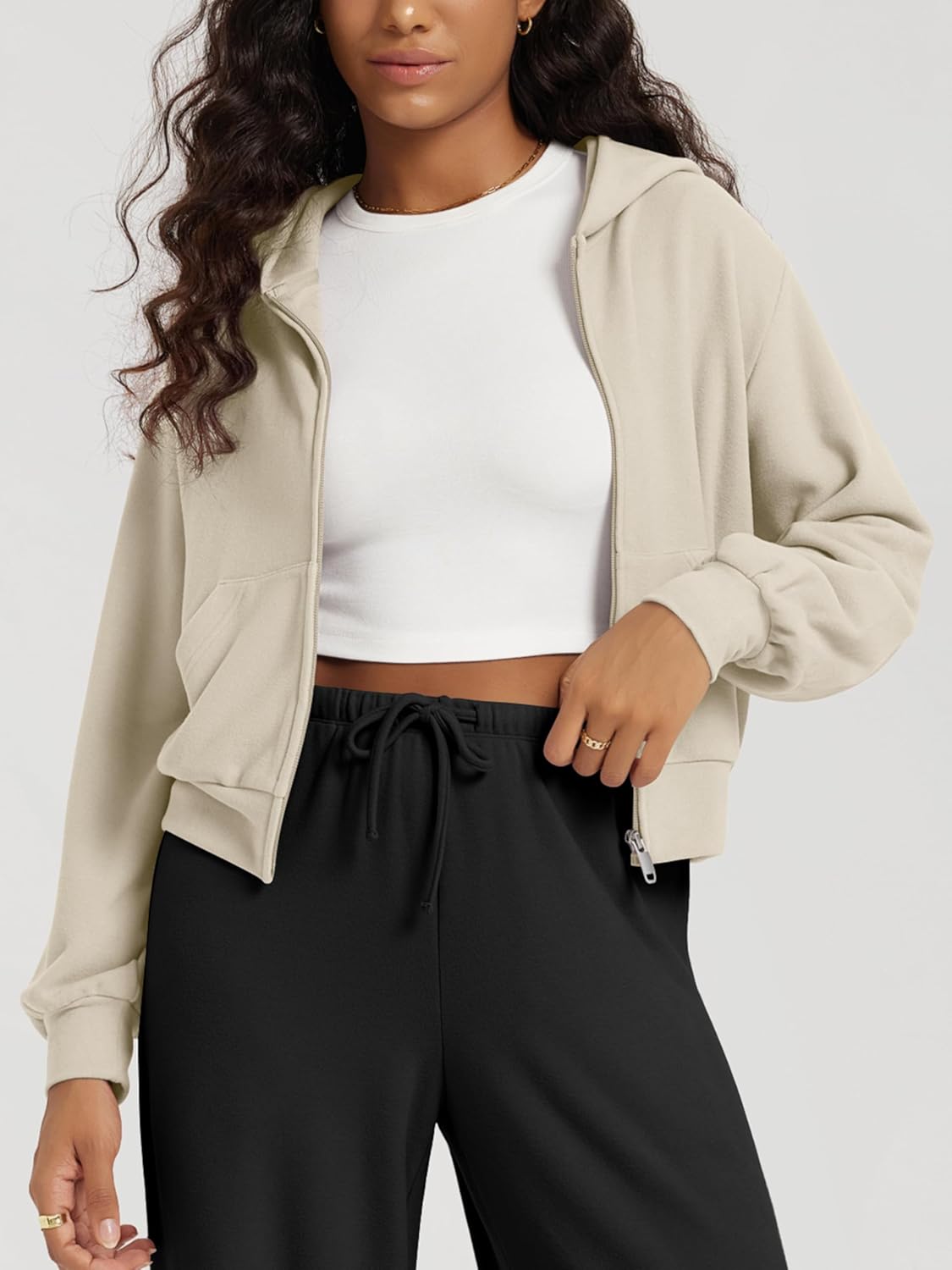 ODODOS Women's Stretch Fleece Full Zip Hoodie, Ultra-Soft Cozy Warm Long Sleeve Cropped Jacket with Pockets - Image 2