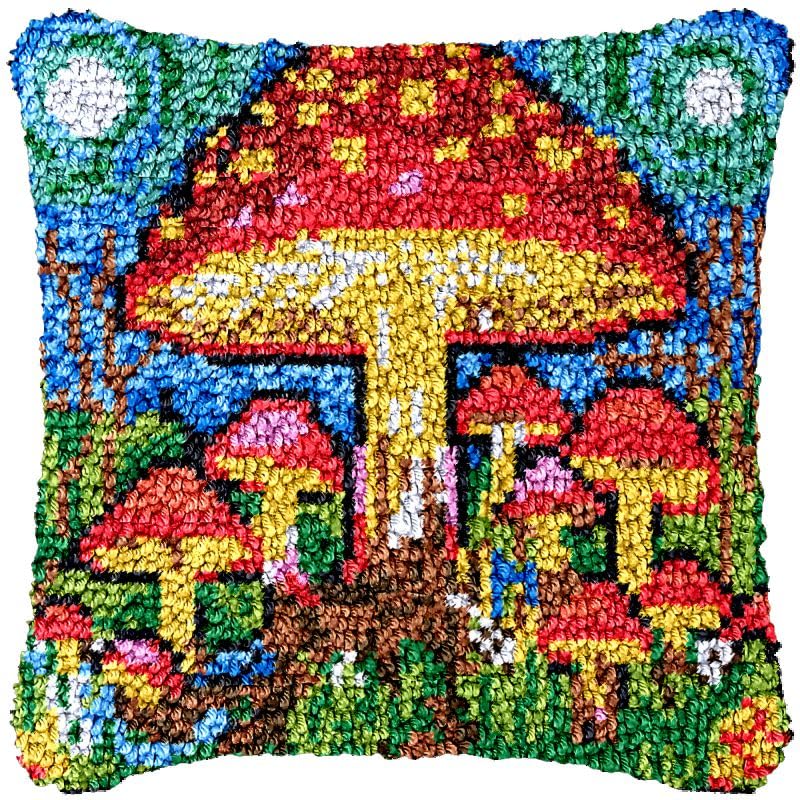 Magic Mushroom Latch Hook Pillow Making Kits Cover for DIY Cushion Cross Stitch Latch Hook Pillowcase Rug Kits with Preprinted Canvas Crochet Yarn Kits Needlework Crafts 17'' X 17''(ma101)