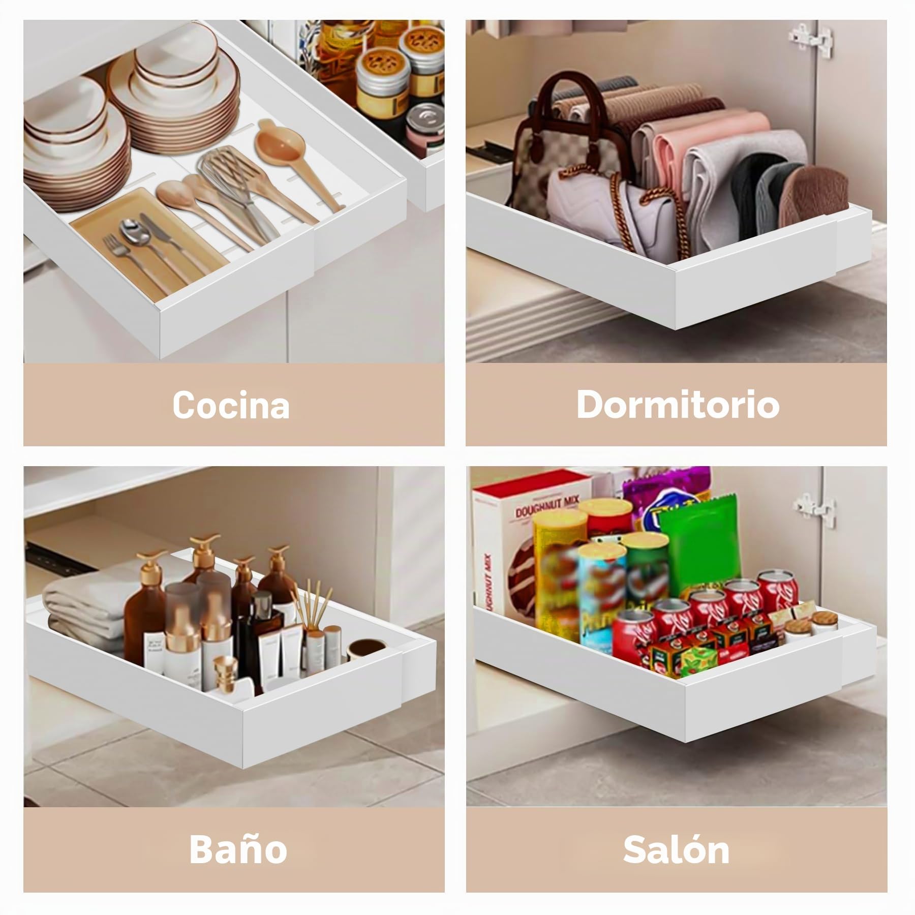 4 Pieza Cajón Telescópico para Pegar, (32-52 cm ancho × 53 cm prof. × 7,5 cm alto) Extraíble para Cocina, Organizador de Cajones de Cocina, sin Necesidad de Taladrar ni Clavar, Blanco