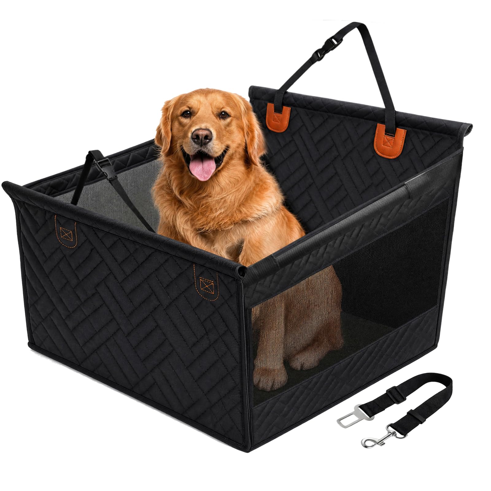 Hundesitz Auto für mittelgroße & große Hunde, wasserdichter Rücksitzverlängerer mit Hartboden, Sicherheitsleine & Mesh-Fenster, Tasche – für Auto SUV Truck, 72x56x50cm