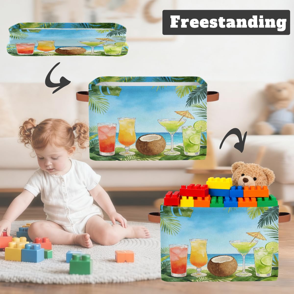 Sommer-Cocktail-Aufbewahrungskorb aus Kokosnuss, rechteckig, mit Ledergriffen, faltbarer Stoff-Aufbewahrungskorb für Schrank, Badezimmer, Wohnzimmer, Büro, Spielzeug, Organizer, Wäschekorb, 2
