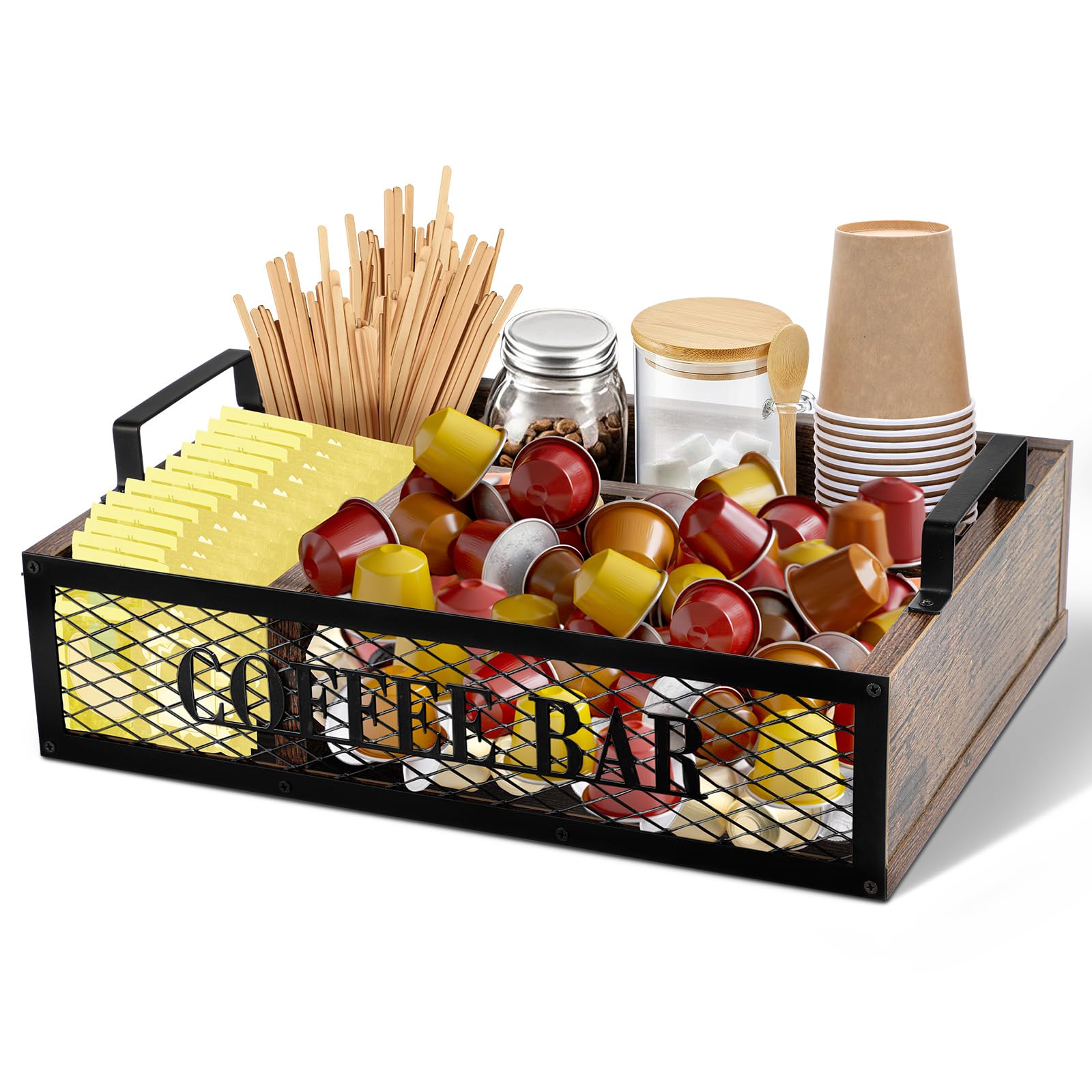 Yalikop Organizador de estación de café, barra y crema. Soporte para encimera, té, condimentos, cesta de almacenamiento de madera,