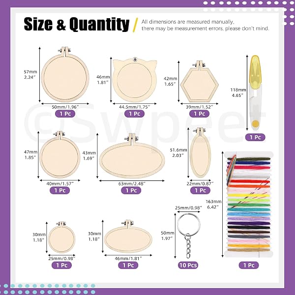 Swpeet 20Pcs Mini Embroidery Hoop Kit with Key Rings, Thread and Scissors, Wooden Mini Crossing Stitch Hoop Small Display Frame Ideal for Art Craft Sewing and Hanging Ornaments Home Decor - 2