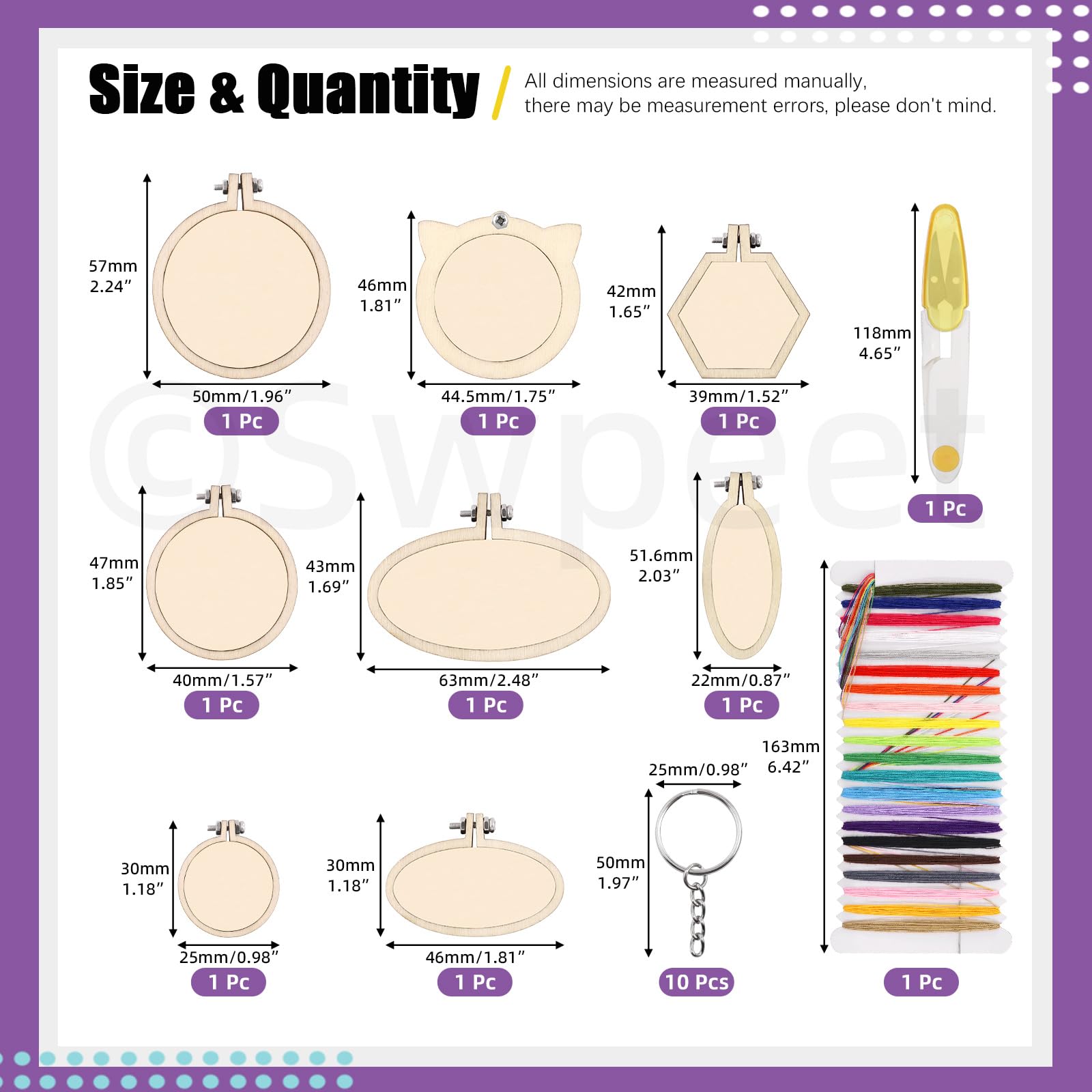 Swpeet 20Pcs Mini Embroidery Hoop Kit with Key Rings, Thread and Scissors, Wooden Mini Crossing Stitch Hoop Small Display Frame Ideal for Art Craft Sewing and Hanging Ornaments Home Decor - 3
