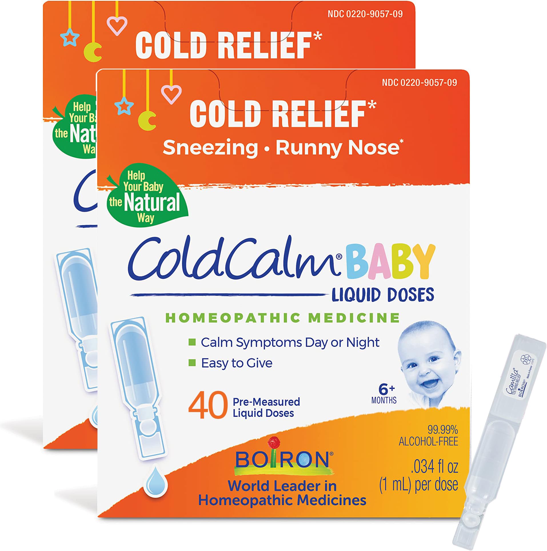 Boiron ColdCalm Baby 40 Count (Pack of 2) Single-Use Drops for Relief from Cold Symptoms of Sneezing, Runny Nose, and Nasal Congestion - Sterile and Non-Drowsy Liquid Cold Calm Doses