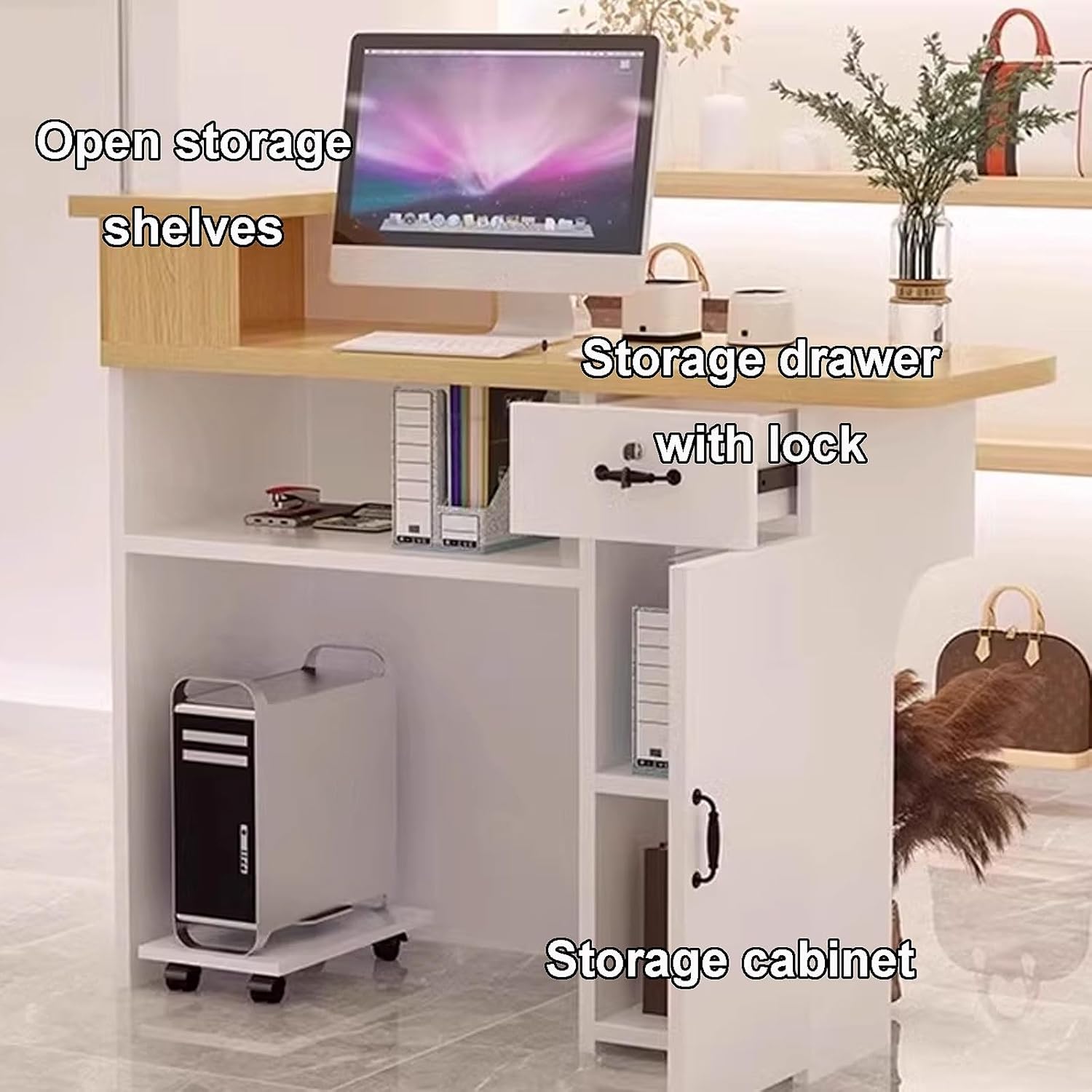 Reception Desk Counter Table, Modern Reception Standing Counter, Front Desk Reception, Office Counter Table Engineered Wood with Light Strips for Company, Lobby or Beauty Salons(Natural+beige,