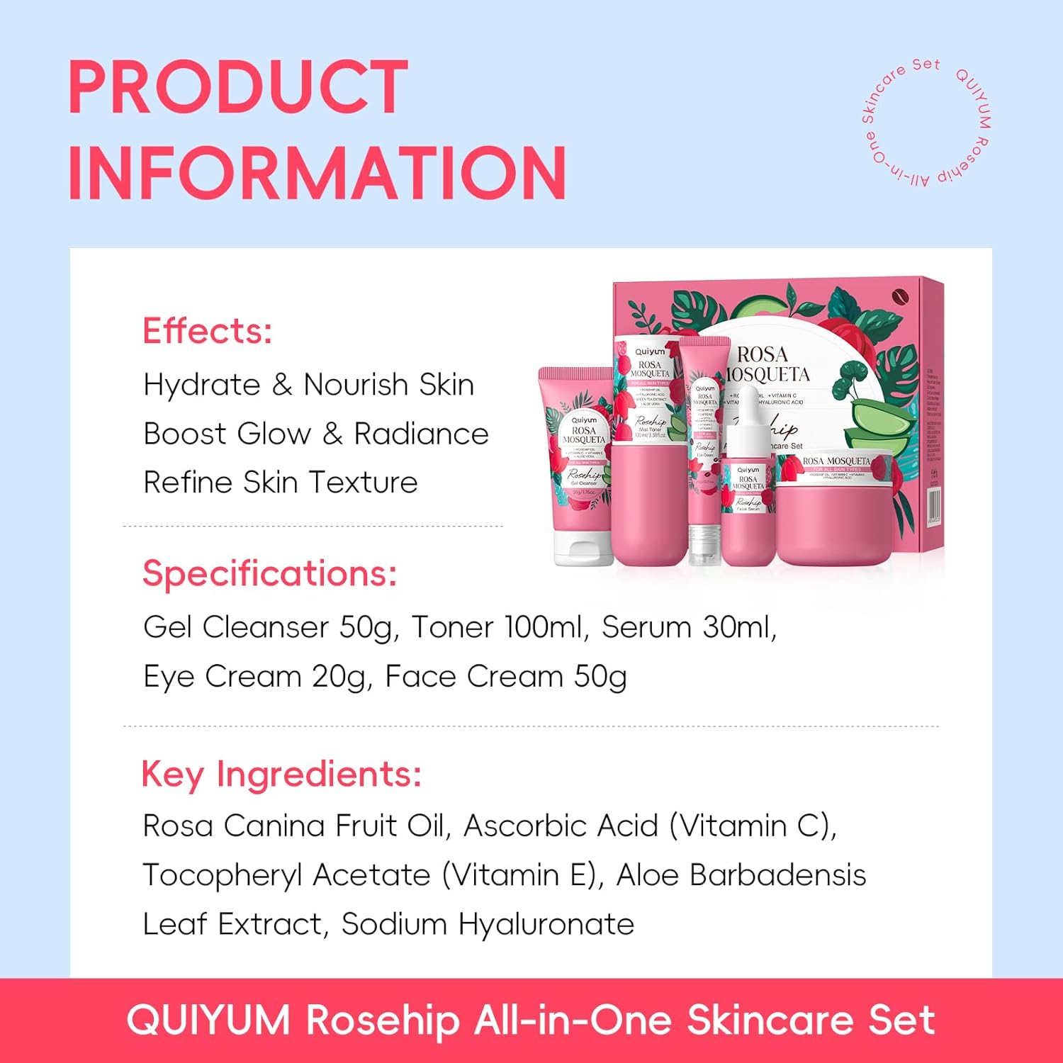 Skin Care Set, with Natural Rosehip Oil, Vit-C & E Skincare Kits 5 Pcs- Restore Skin Elasticity, Refine Texture, Even Tone, Moisturizing, Glowing, for All Skin Types, Mother's Day Birthday Gift - Image 4