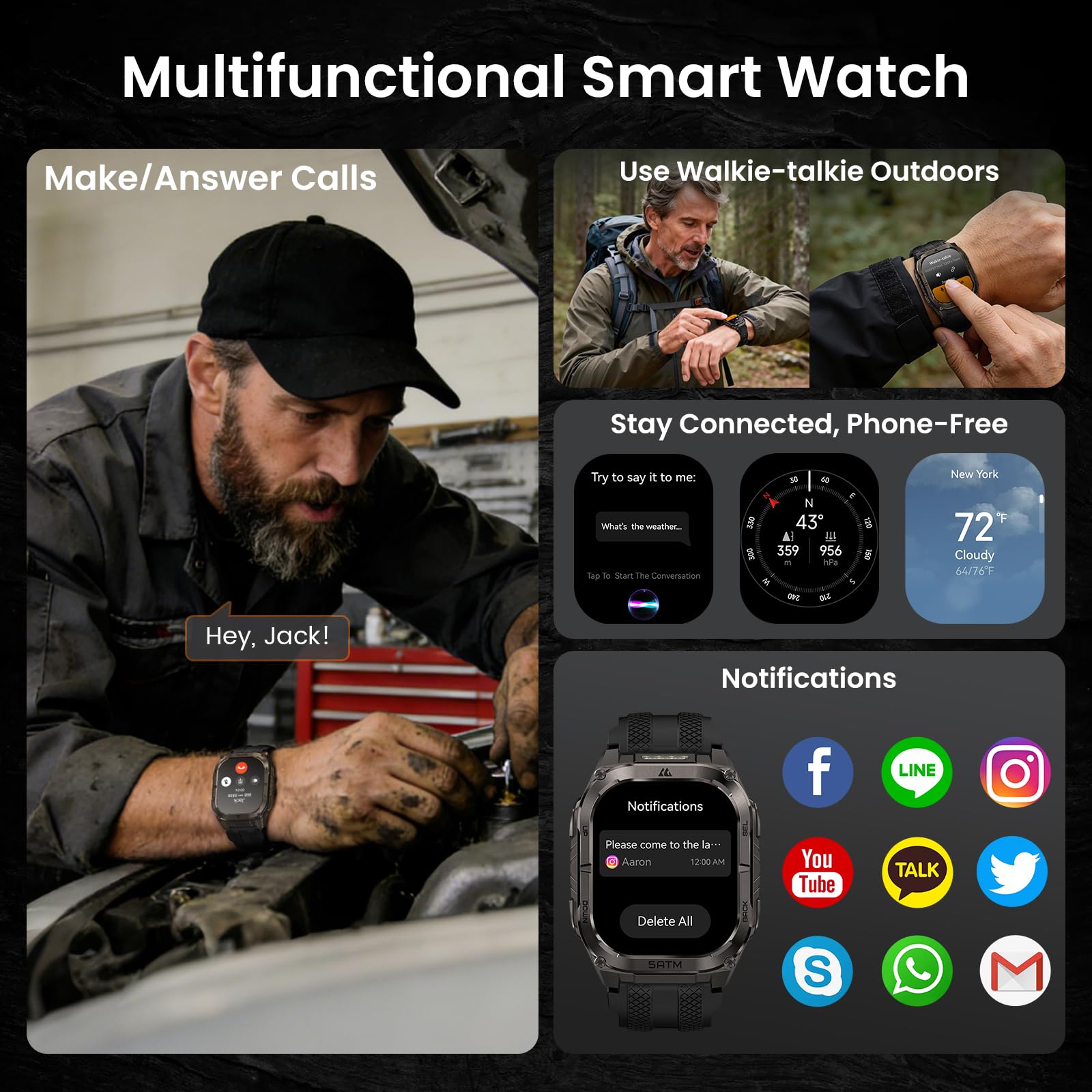 Kospet Smart Watch Series Tank M3 49 mm Bluetooth Calling IP69K Wodoodporny 170+ trybów sportowych - czarny