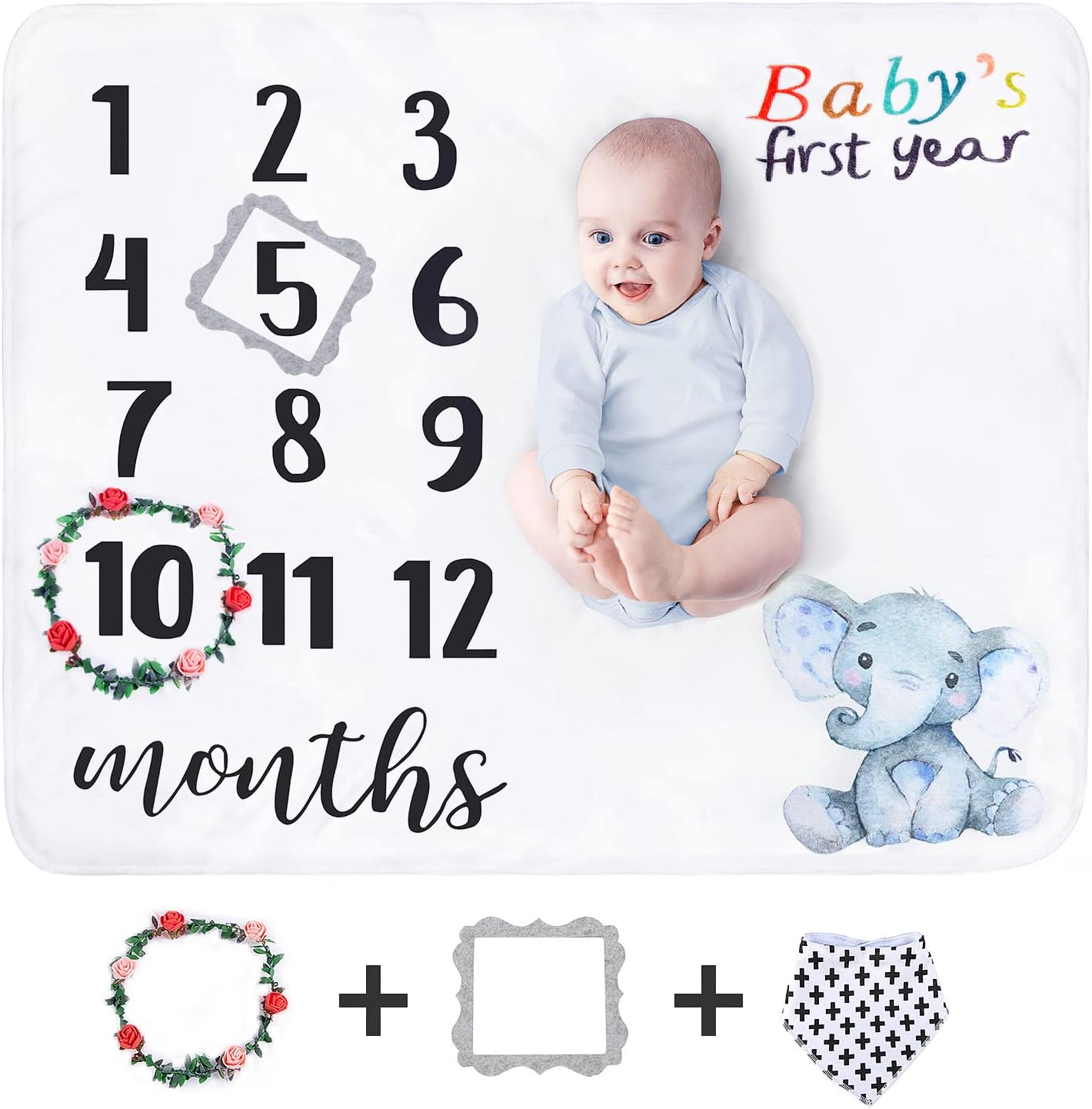 sunvitoBaby Monthly Milestone Blanket Set Cute Newborn Boy Girl Photo Background with Soft Skin-Friendly Flannel Baby Age Personalized Growth Month Elephant Chart Blankets Large - 47 x 40 Inches