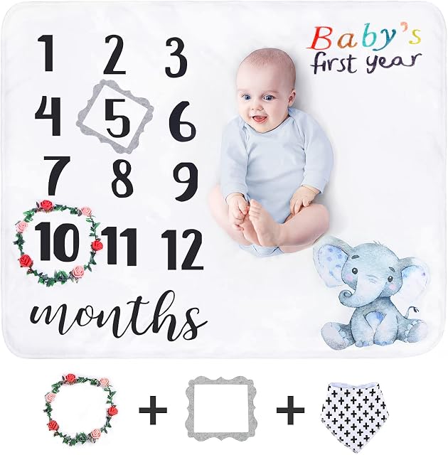 sunvito Baby Milestone Blanket, Large Baby Monthly Blanket for Baby Boy Girl, Newborn Soft Flannel Baby Swaddle Blanket, Elephant Blanket First Year Calendar Growth Chart with Wreath Frame 47''x 40''