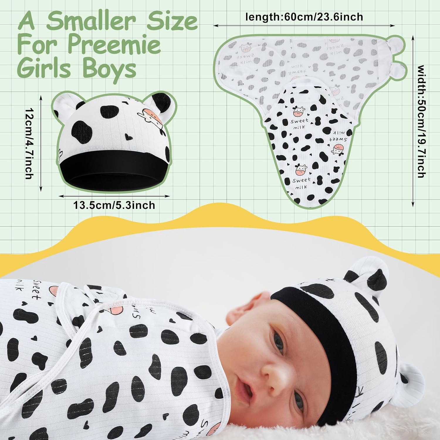 VitalCozy 2 Pack Preemie Baby Swaddle Blanket Wrap with Hat 3-7 Lbs Preemie Hat Newborn Receiving Blanket Wrap for Boy Girl(Animals, Cow)