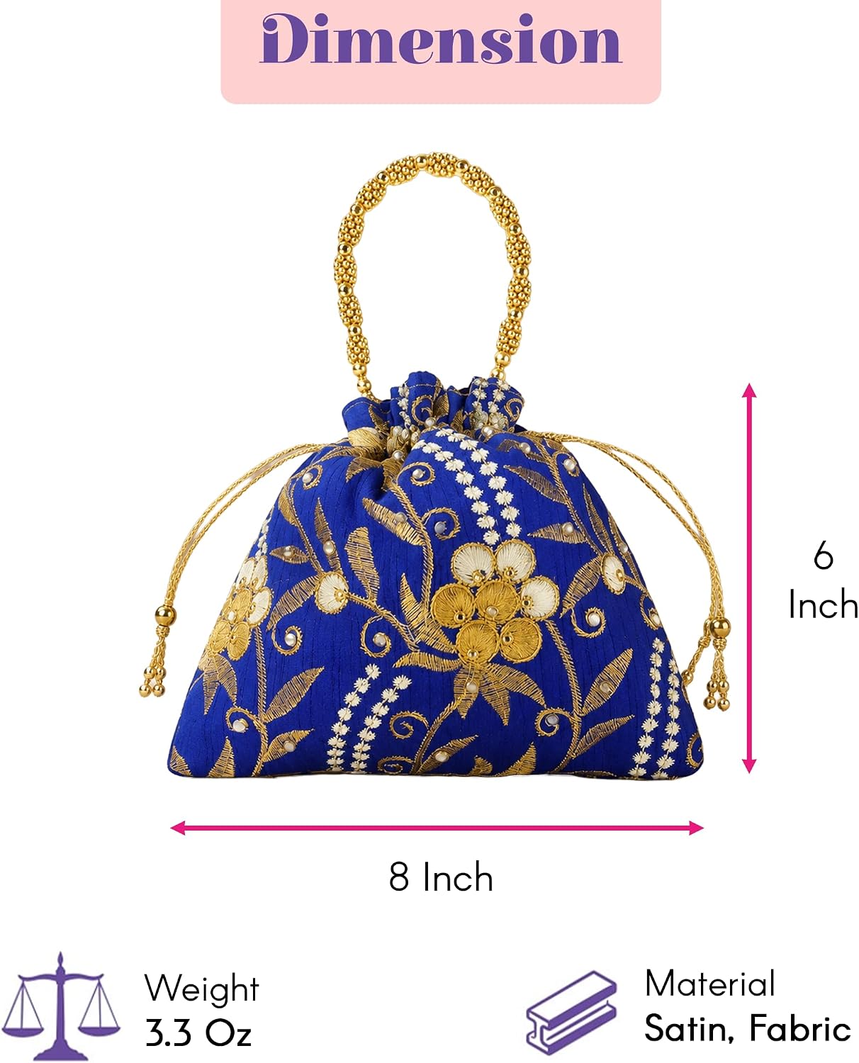 LOVENSPIRE Designer Potli Bag (8x6 Inch) with Embroidered Floral Detail – Small Handmade Drawstring Gift Bags for Wedding, Women Jewelry, Party Favors & Indian Return Gifts Pink / 1 Pc image 4