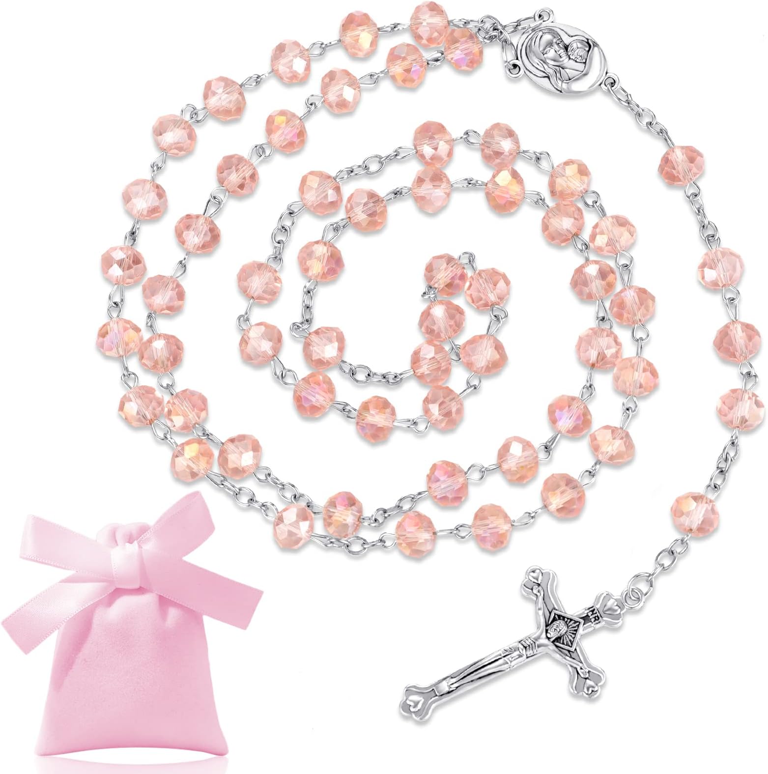– Hicarer Pink Rosary Beads Necklace Catholic Metal Crucifix Charm Necklace Long Holy Prayer Beads Necklace with Medal Cross Crucifix Charm and Velvet Drawstring Bag for Women Men