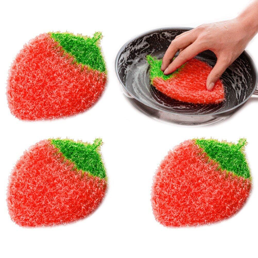Wudaizhi Red 4Pcs Scouring Pads Fruit Strawberry Shaped Sponge Dish For Kitchen Sink Dishes Bowl Plate Cleaning,