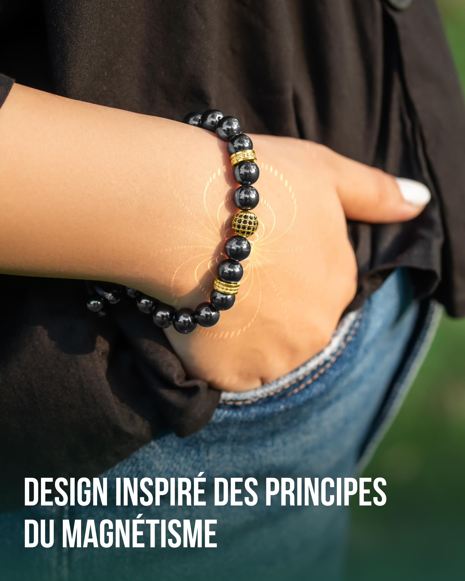 MagnetRX® Bracelet En Hématite Perlé Unisexe - Bijou Aimanté En Pierres Naturelles Hematite 8mm Méditation - Longueur Réglable (Perle Zeus dorée de 8 mm)
