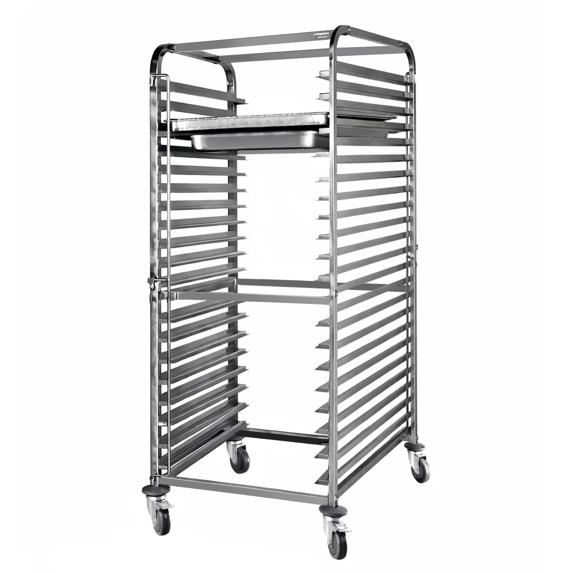 Tablettwagen - für 18 Tabletts GN 1/1 & EN 600x400 | Hochwertiger Edelstahl AISI 304, für den Dauereinsatz konzipiert, leichte Reinigung, sicher arretierbar, mobil einsetzbar
