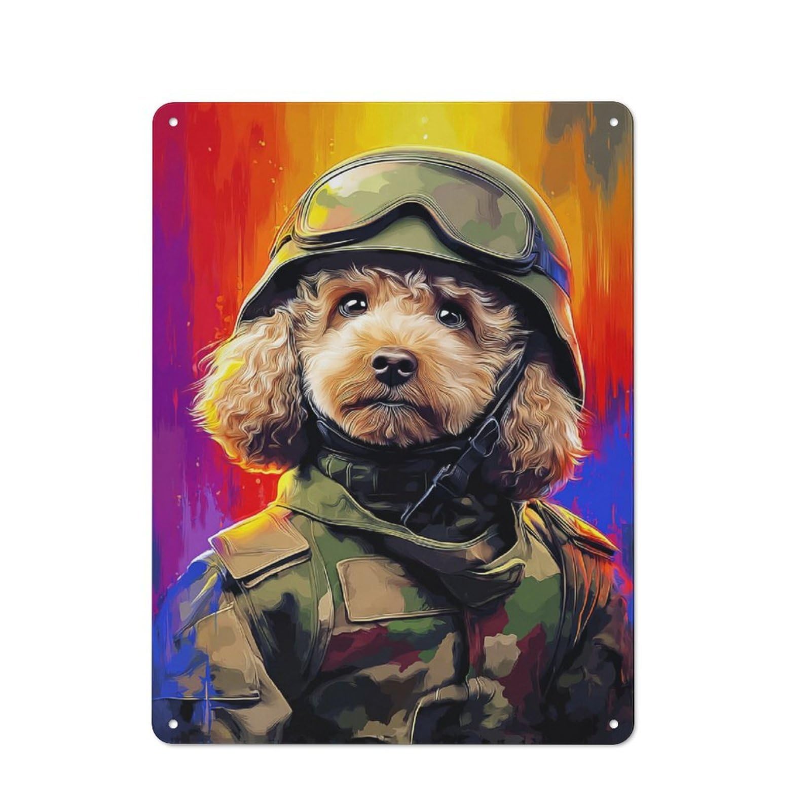 Junmoney Heroic Poodle In Camouflage Gear Metal Plaque With Design 40X30cm, Vintage Bistro Wall Plaque For Coffee Bar, Kitchen, Bistro Or Tea Corner