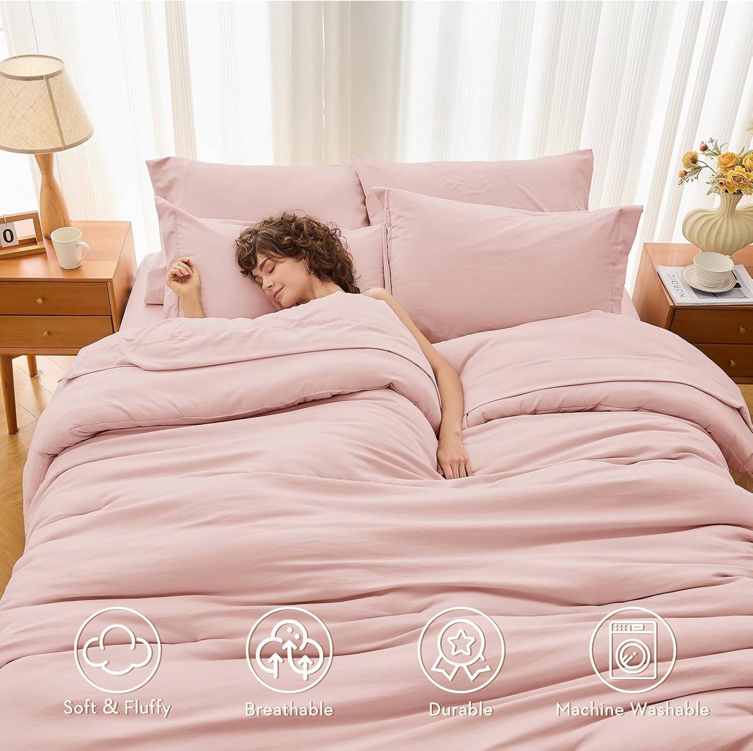 MUXHOMO 7 Pieces Full Comforter Set, Soft Bed in a Bag Full Size, All Season Bedding Set with Comforter, Flat Sheet, Fitted Sheet, Pillowcases & Shams, Pink - Image 2