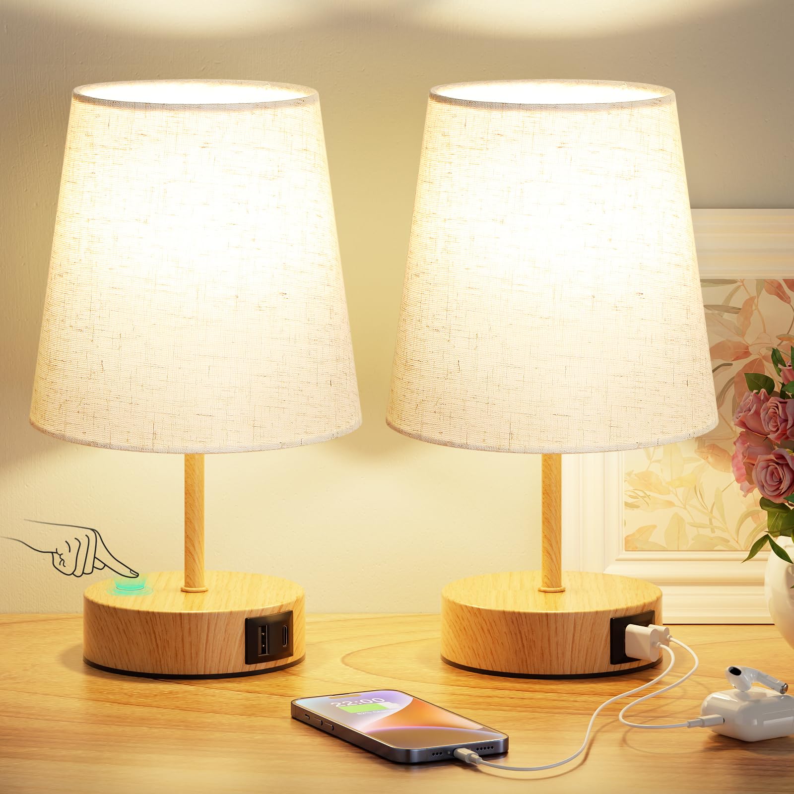 PreeOtti Nachttischlampe Touch Dimmbar 2er Set, Tischlampe mit USB A+C-Ladefunktion