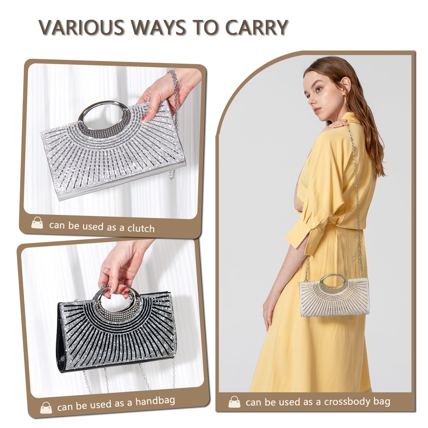 Pahajim Abendtasche Damen Glitzer Kleine Tasche mit Strass Elegant Clutch Umhängetasche für Hochzeit Party Date