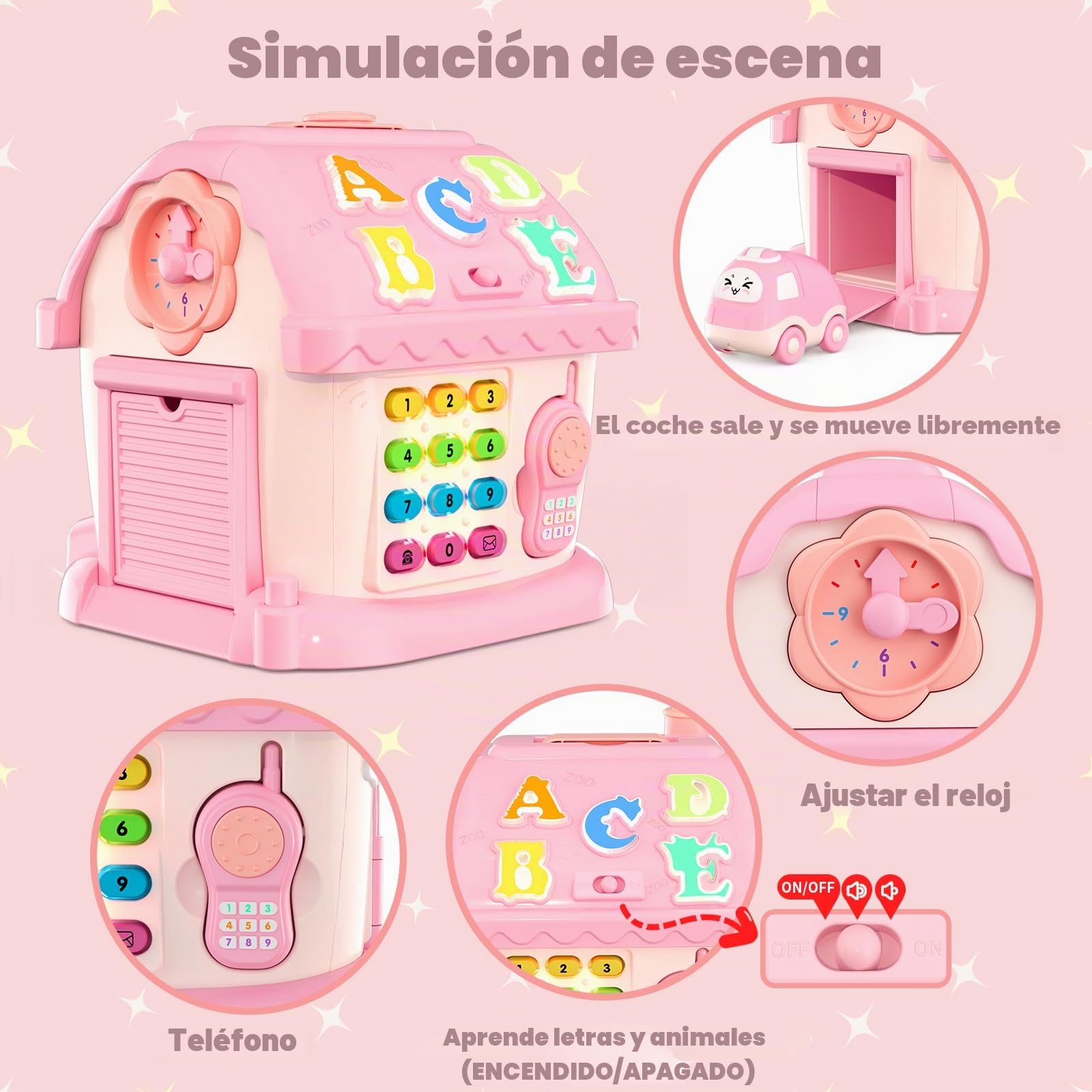 HYES Juguetes para bebé niñas de 1 año, Juguete Montessori, 8 en 1 multifunción casa con música/Coche/Reloj/teléfono/luz, Musical sensorial Juguetes Regalos para bebé de 1-2 años