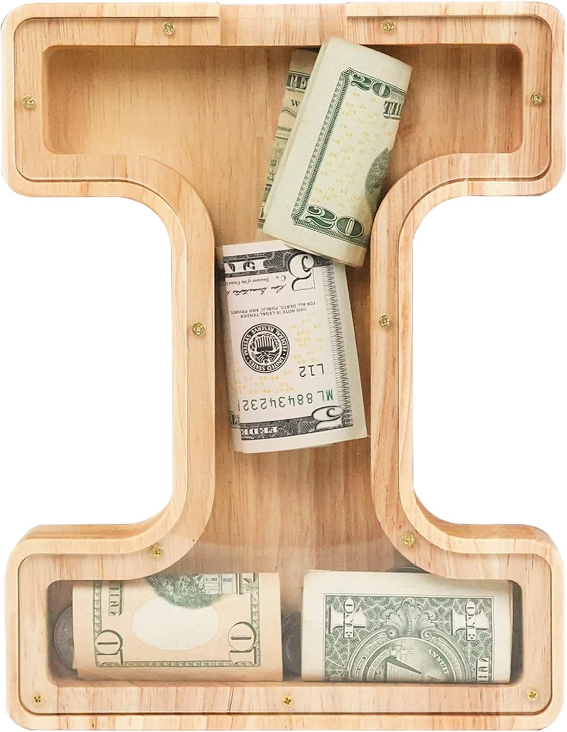 WOOD CITY Letter Piggy Bank for Adults Boys Girls Kids, Wooden 9 inch Large Personalized Bills and Coins Bank Money Box, Customized Name DIY Creative Gift for Real-Money, Alphabet Decorations (I)