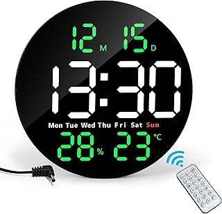 Lafocuse Reloj de Pared Digital con Grande Pantalla LED 25CM, Silencioso Relojes con Control Remoto, Temperatura, Fecha, 2 Alarmas, Cuenta Atrás, Brillo Ajustable para Salon Cocina Oficina, Verde