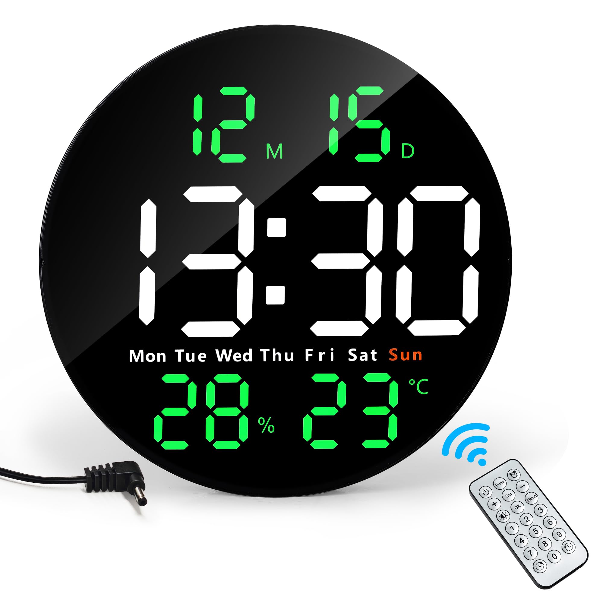 Lafocuse Reloj de Pared Digital con Grande Pantalla LED 25CM, Silencioso Relojes con Control Remoto, Temperatura, Fecha, 2 Alarmas, Cuenta Atrás, Brillo Ajustable para Salon Cocina Oficina, Verde