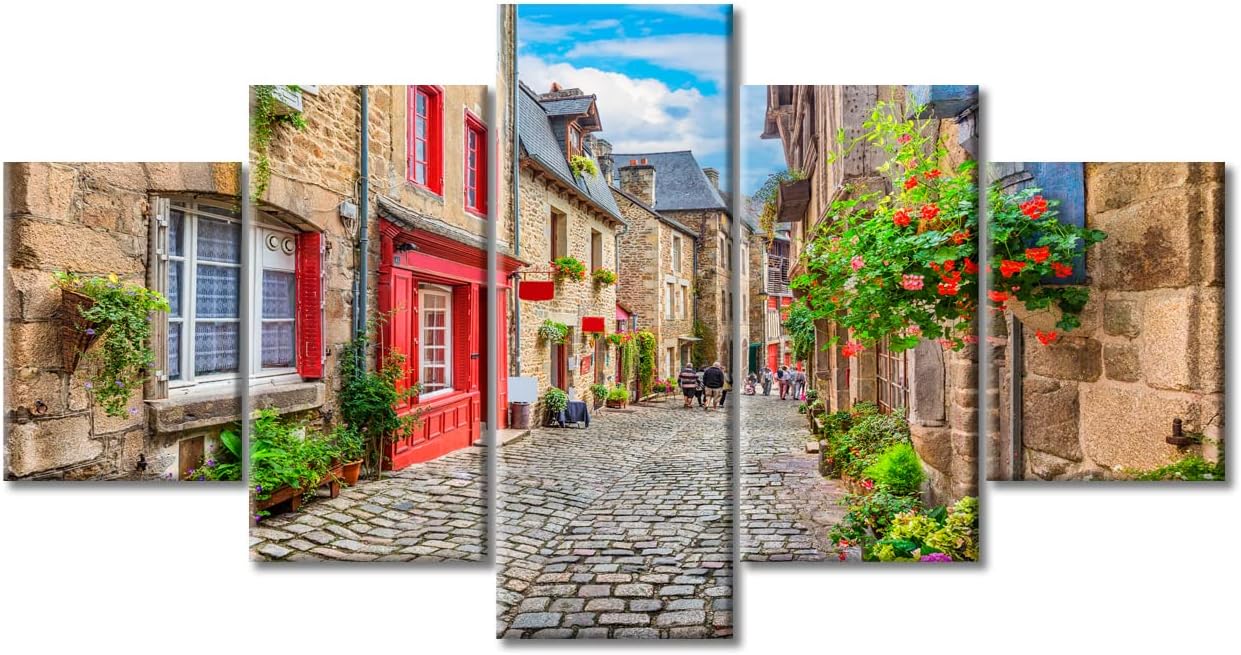 TUMOVO European Town Wall Art Flowers Poster Prints on Canvas 5 Pieces Street Canvas Wall Decor Home Decoration for Living Room Office Bathroom Framed Ready to Hang (60" Wx 32" H) 60''Wx32''H Artwork-03